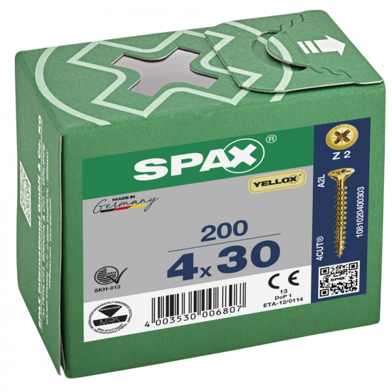 SPAX PZ Flat Countersunk Screw Yellox Coated 4 x 30mm Qty 200 SPAX PZ Flat Countersunk Screw Yellox Coated 4 x 30mm Qty 200