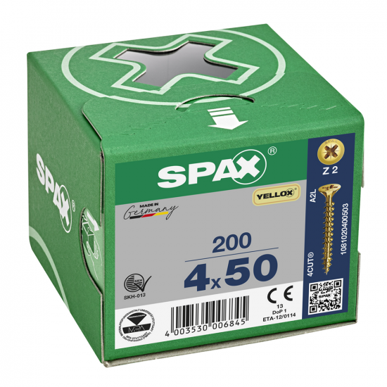 SPAX PZ Flat Countersunk Screw Yellox Coated 4 x 50mm Qty 200 SPAX PZ Flat Countersunk Screw Yellox Coated 4 x 50mm Qty 200