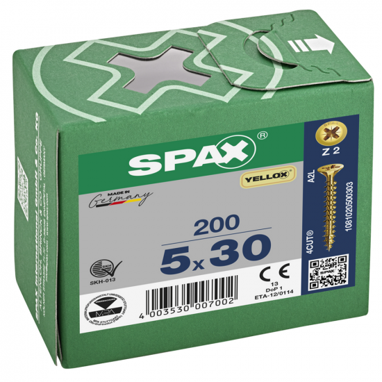 SPAX PZ Flat Countersunk Screw Yellox Coated 5 x 30mm Qty 200 SPAX PZ Flat Countersunk Screw Yellox Coated 5 x 30mm Qty 200