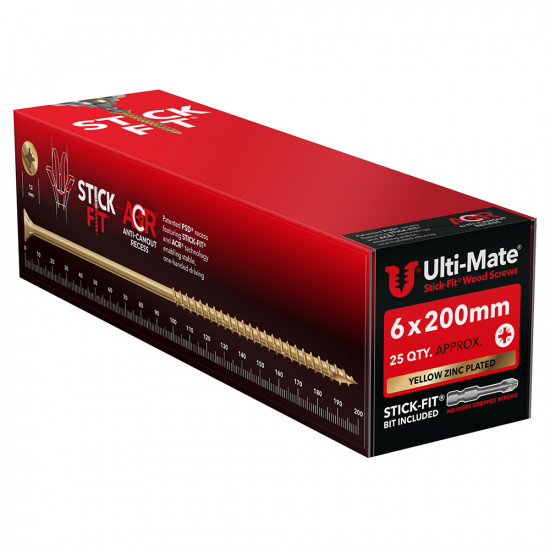 Ulti-Mate Stick-Fit Wood Screws 6.0 x 200mm Qty 25 Ulti-Mate Stick-Fit Wood Screws 6.0 x 200mm Qty 25