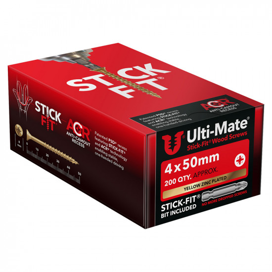 Ulti-Mate Stick-Fit Wood Screws 4.0 x 50mm Qty 200 Ulti-Mate Stick-Fit Wood Screws 4.0 x 50mm Qty 200